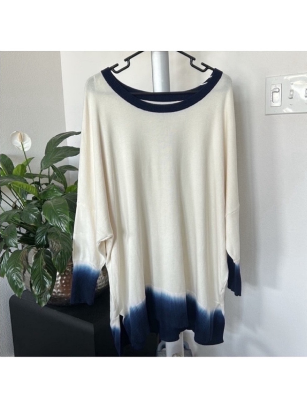 Wonderly Tie Dye Cotton Blend Tunic Sweater Sz 2X Dolman Sleeves Navy Blue Ivory